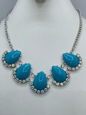 Silver Tone Turquoise Acrylic AB Crystal Statement Necklace Chunky New